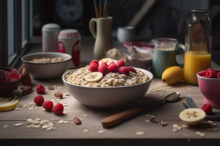 oatmeal with raspberries, banana and apple slices. morning breakfast. ai generativeの素材