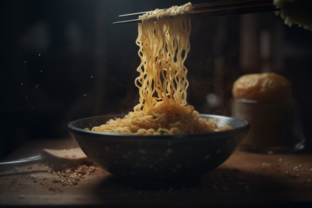 Ramen noodle lifted up by chopsticks with steam. ai generativeの素材