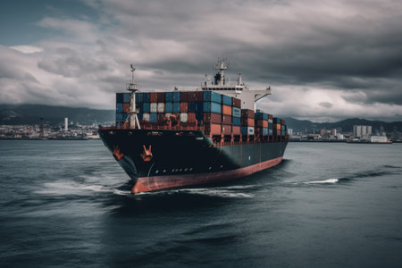 Logistic import-export background of a container cargo ship in the seaport, cargo transportation. ai generativeの素材