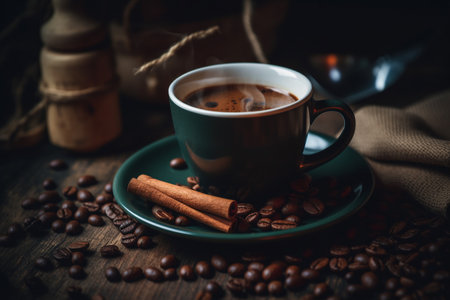 Coffee Espresso Cup With Beans And Cinnamon On Wooden Table. ai generativeの素材
