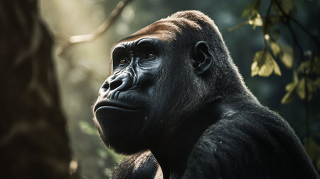 huge male gorilla on the background of the African savannah, hot day, animals of Africa. ai generativeの素材