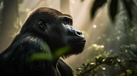 huge male gorilla on the background of the African savannah, hot day, animals of Africa. ai generativeの素材