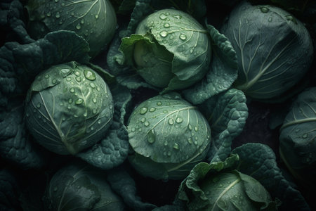 fresh Cabbages, background, water drops visible.ai generativeの素材