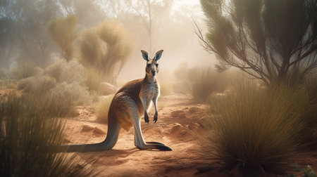 kangaroo on the background of Australian nature, hot day, animals of Australia. ai generativeの素材