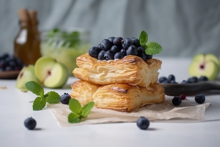 Fresh tasty puff pastry with blueberries on a white table. ai generativeの素材