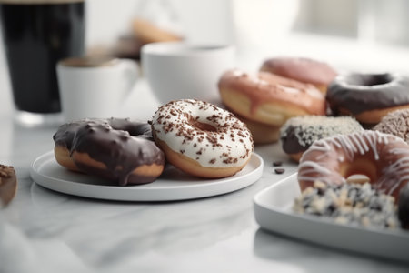 A cup of coffee and a variety of donuts on the kitchen table. ai generativeの素材