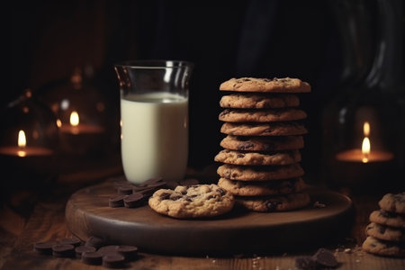 a stack of chocolate chip cookies and a glass of milk on a wooden table.の素材