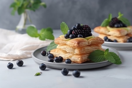 Fresh tasty puff pastry with blueberries on a white table. ai generativeの素材