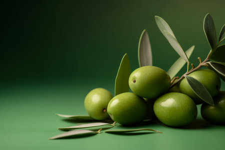 green olive branch with leaves on a black background. ai generativeの素材