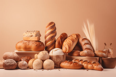 Assorted bakery products, loaves of bread, buns on a light background. ai generativeの素材