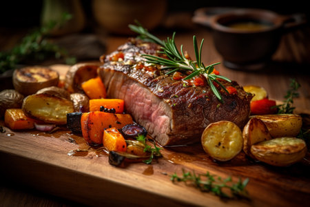 tenderloin steak garnished with potato wedges and oven-roasted vegetables and a mixture of herbs and spices.ai generativeの素材