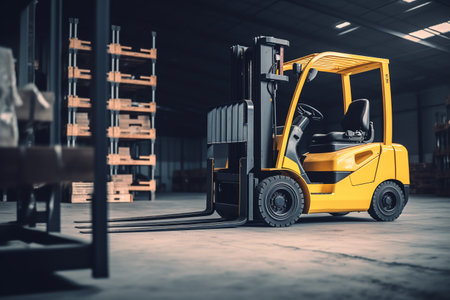 yellow forklift in a warehouse with cardboard boxes.logistics and delivery concept. ai generativeの素材