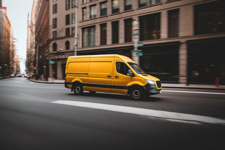 A yellow delivery van drives fast through the city. logistics and delivery concept.ai generativeの素材