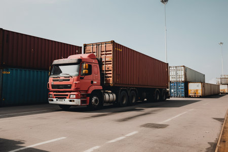 the truck stands in the industrial port against the background of containers during unloading. concept of logistics and delivery service. ai generativeの素材