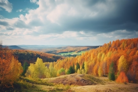 Beautiful autumn forest landscape, hilly area, oil on canvas. ai generativeの素材