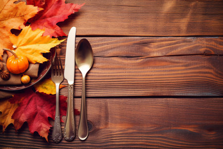 spoon, fork, knife and autumn leaves on a wooden background with copy space. thanksgiving and halloween concept. ai generativeの素材