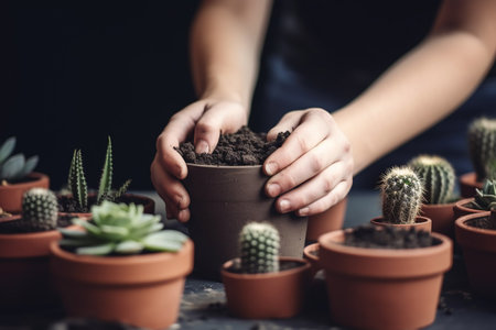 Female gardeners transplant cacti into pots by hand. ai generativeの素材