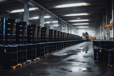 warehouse with black oil barrels. ai generativeの素材