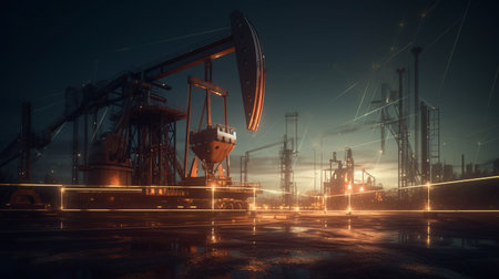 Gasoline price increase concept with double exposure of digital screen with financial chart graphs and oil pumps on background.ai generativeの素材