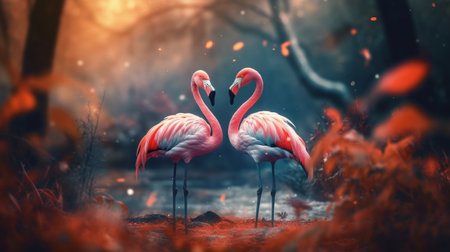 couple of flamingos in the jungle with beautiful vegetation. ai generativeの素材