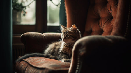kitten dozing in a cozy armchair on an autumn day. ai generativeの素材
