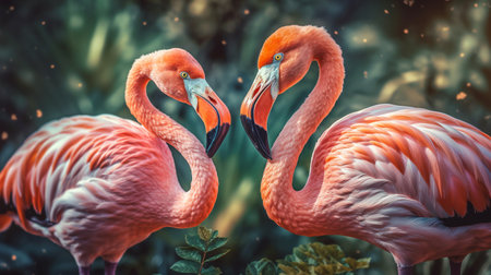 couple of flamingos in the jungle with beautiful vegetation. ai generativeの素材