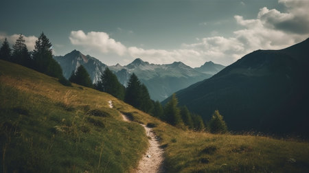Beautiful mountain landscape with dramatic sky at sunset. ai generativeの素材