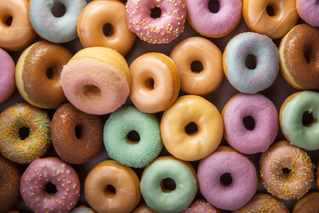 assorted donuts in different pastel colors, texture background, top view. ai generativeの素材