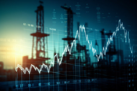 Gasoline price increase concept with double exposure of digital screen with financial chart graphs and oil pumps on background.ai generativeの素材
