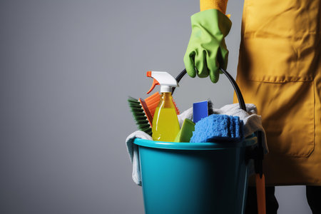 hand with the cleaning gloves holding cleaning products and tools on bucket. ai generativeの素材