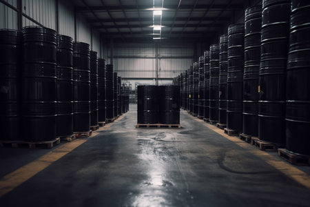 warehouse with black oil barrels. ai generativeの素材