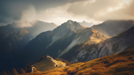 Beautiful mountain landscape with dramatic sky at sunset. ai generativeの素材