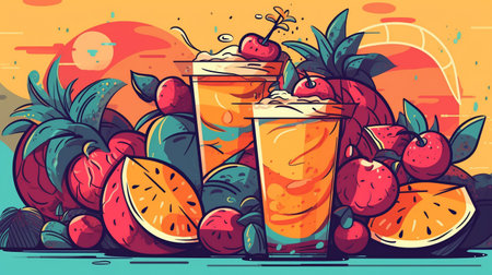 smoothies in transparent glasses, ice cream in mugs. Delicious fruit dessert in different colors. Sweet with fruits. Seasonal summer dessert. ai generativeの素材