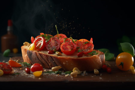 bruschetta, on slices of toasted baguette garnished with basil.ai generativeの素材