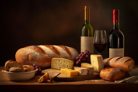 italian bread and wine on a wooden table. ai generativeの素材