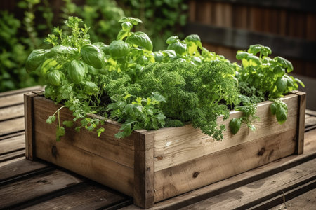 Wooden box with a variety of fresh green culinary herbs growing outdoors in the backyard garden. ai generativeの素材