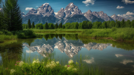View of Mount Moran in Grand Teton National Park landscape. ai generativeの素材