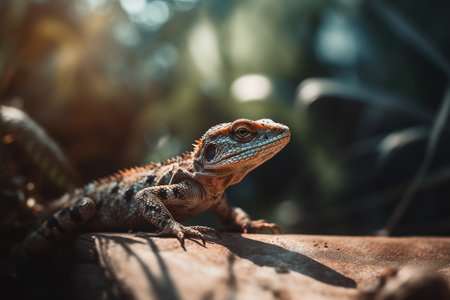 lizard sunbathing on the ground. close up. ai generativeの素材