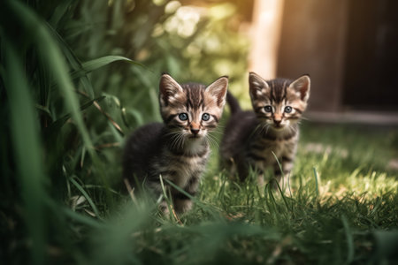 two little cute kittens in green grass.ai generativeの素材