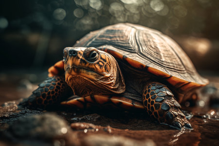 Turtle near the water. wild nature. close up. ai generativeの素材