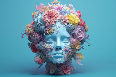 Woman brain with flowers, self esteem and mental health care concept, positive thinking, creative mind, generative AIの素材