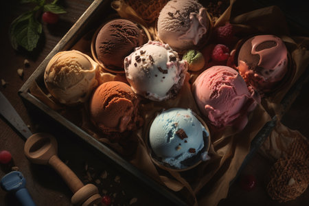 Assorted ice cream balls of different flavors and colors on a wooden table. ai generativeの素材