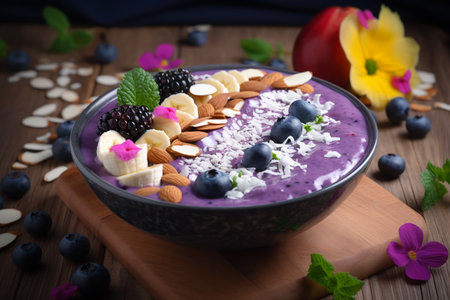Smoothie bowl with fresh berries, nuts, seeds and flowers for healthy vegan vegetarian diet breakfast. ai generativeの素材
