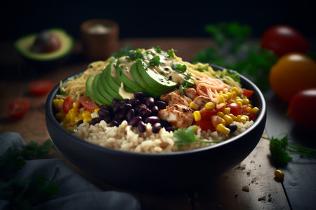Homemade healthy bowl of chicken burrito with salsa, corn and beans. ai generativeの素材