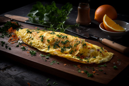 Fresh homemade omelette with mushrooms, feta cheese and herbs. ai generativeの素材