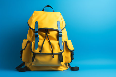 yellow school backpack on a blue background. back to school. ai generativeの素材