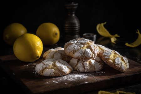 Lemon Crinkle Cookies, Powdered Cookies on the Table, Breakfast Cookies, Stack of Cookies, Lemon Cookies, Baking, Lemon Dessert, American Cookies. ai generativeの素材