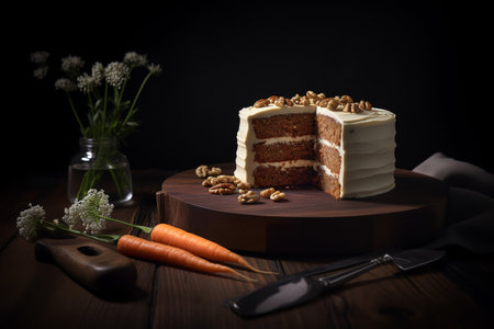 carrot cake with walnuts, prunes and dried apricots on a dark wood background. ai generativeの素材