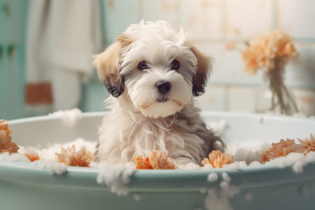 Cute puppy dog in bathtub , pets cleaning , Generative Aiの素材