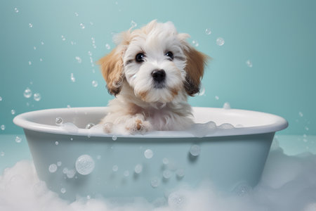 Cute puppy dog in bathtub , pets cleaning , Generative Aiの素材